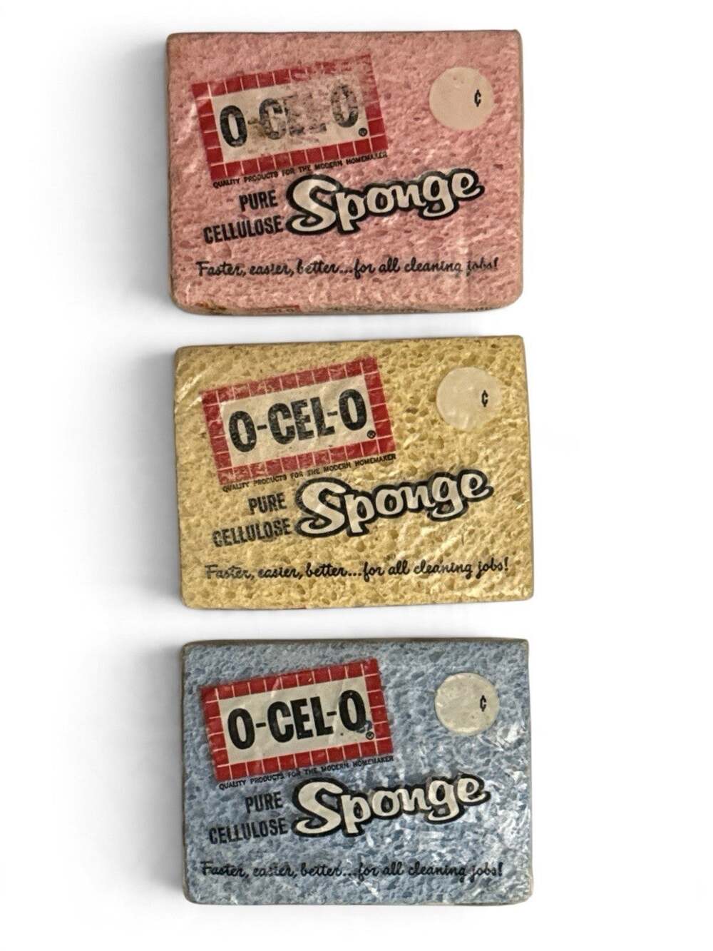3 Vtg O-CEL-O Pure Cellulose Sponge Handy 1C Series No 18 Pink Blue Yellow NOS